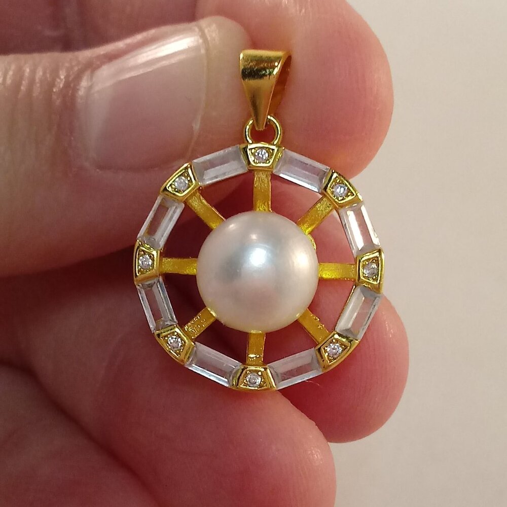 Gold 925 Silver Genuine White South Sea Pearl Diamond Zircon Necklace Pendant - Picture 6 of 8